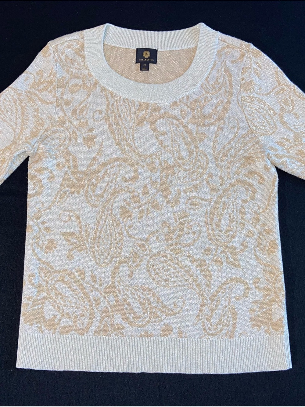 JM Collection Paisley Knit Crewneck Sweater - Cream and Tan